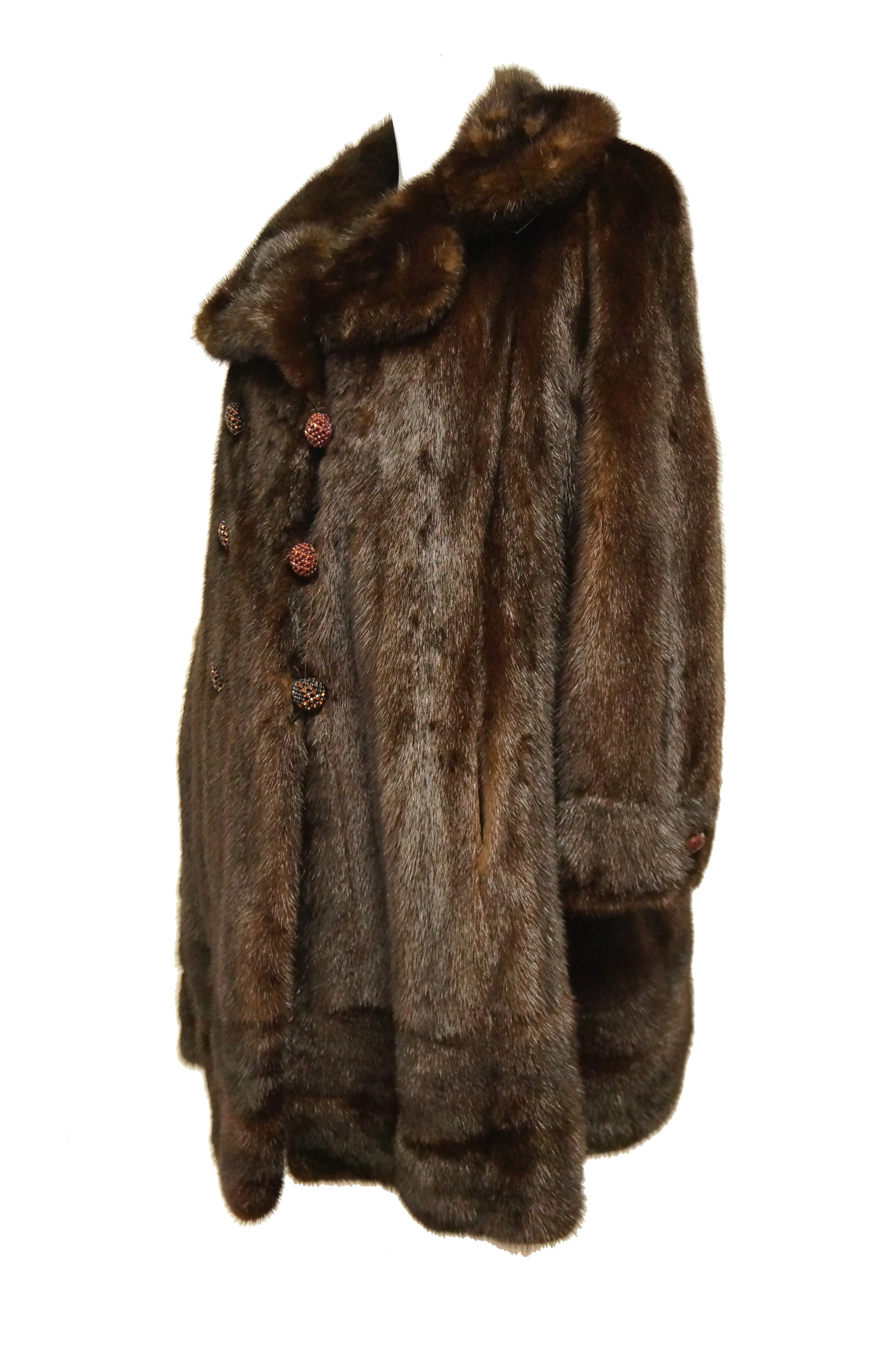1960s Espresso Brown Mink Swing Coat with Rhinestone Detail Buttons