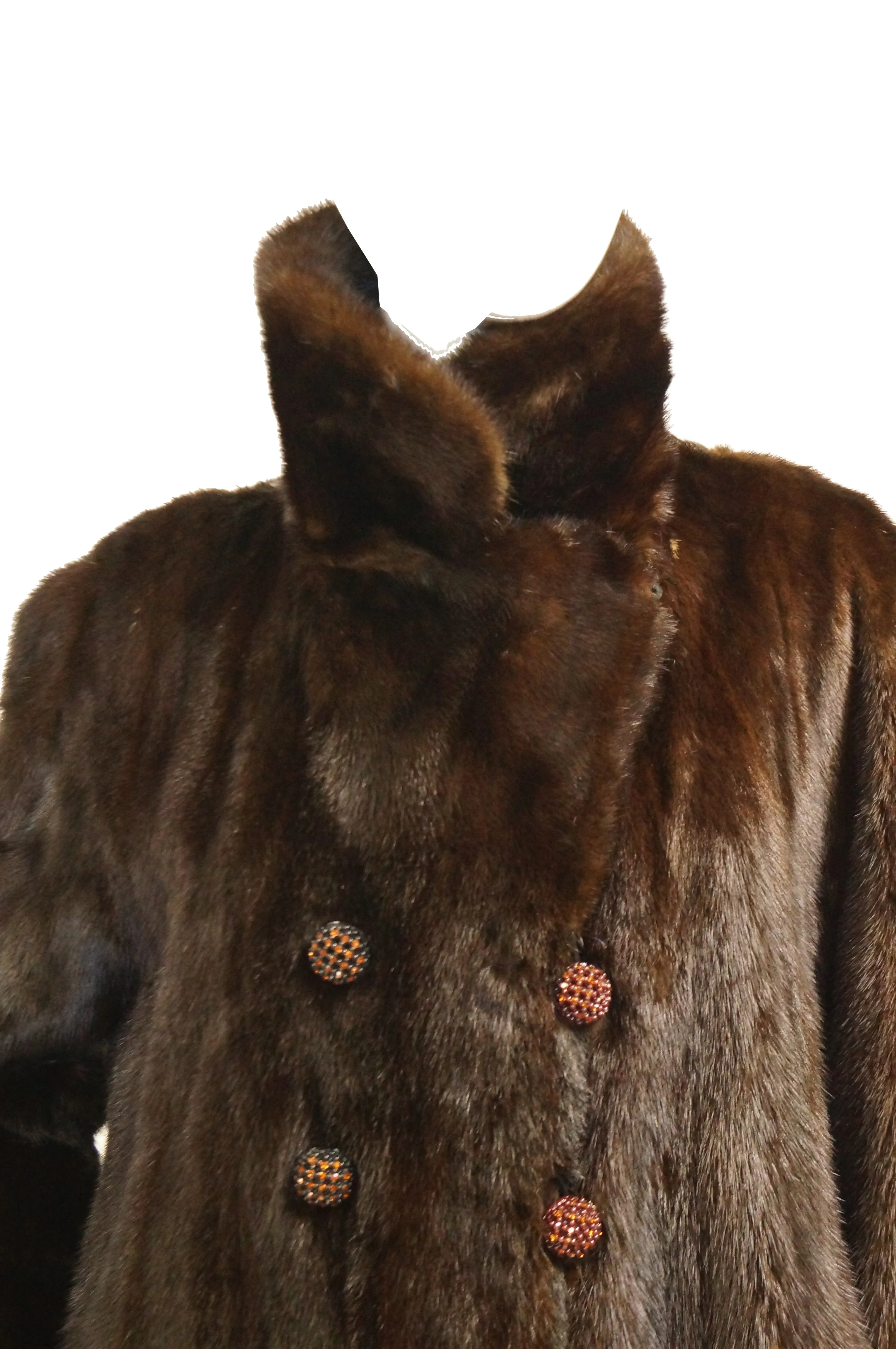 1960s Espresso Brown Mink Swing Coat with Rhinestone Detail Buttons