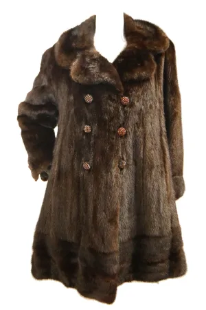 1960s Espresso Brown Mink Swing Coat with Rhinestone Detail Buttons