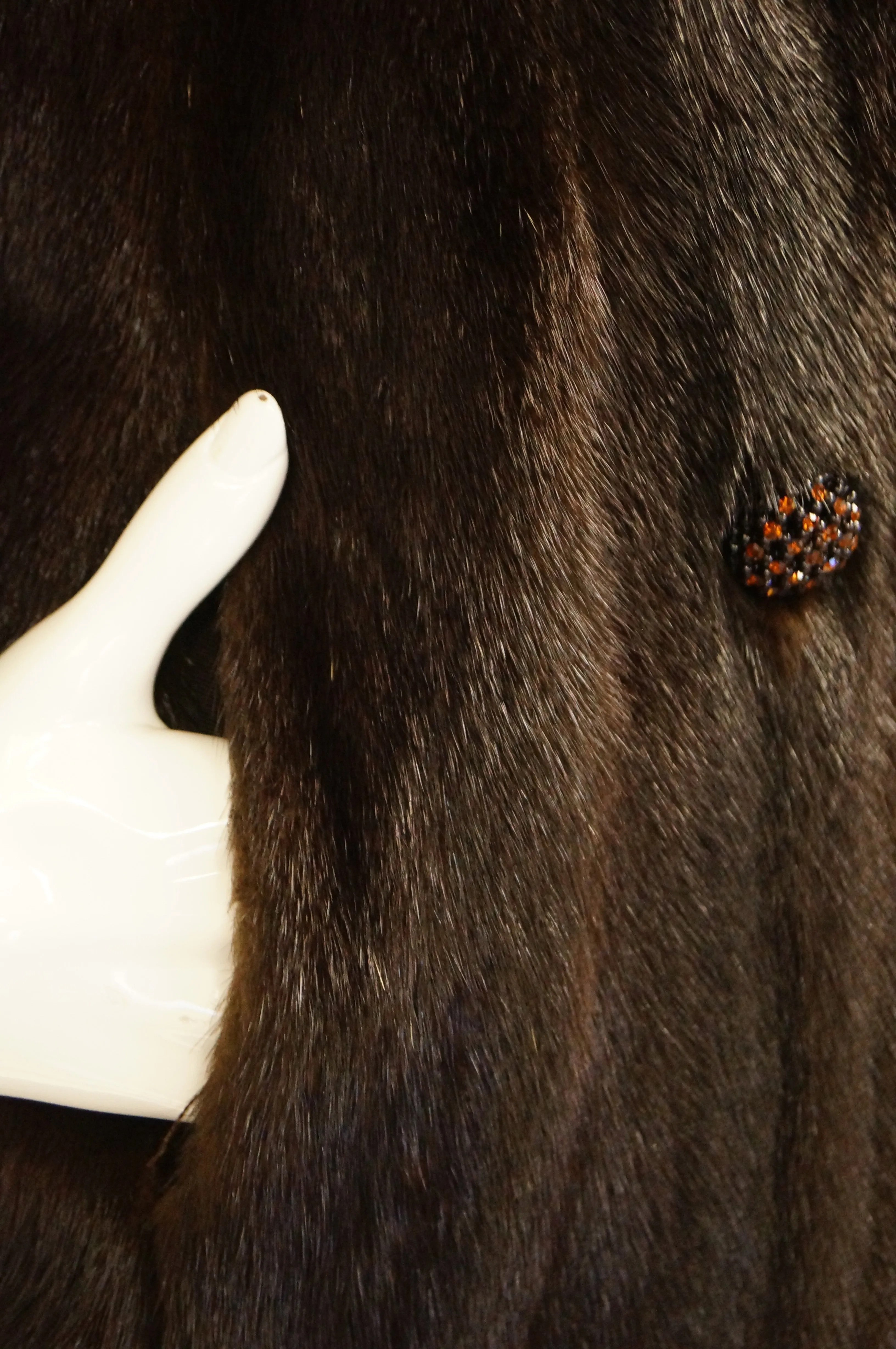 1960s Espresso Brown Mink Swing Coat with Rhinestone Detail Buttons
