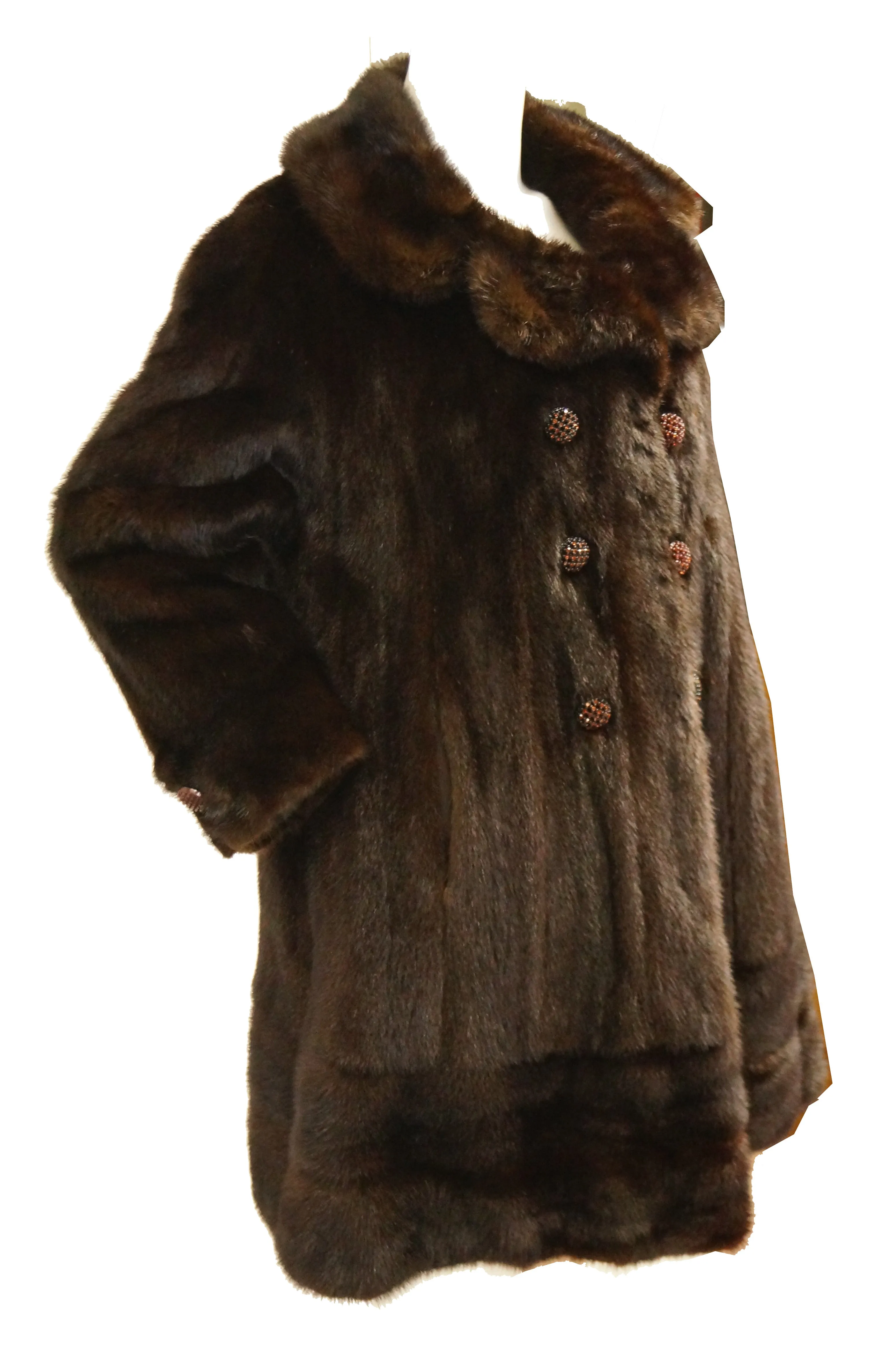 1960s Espresso Brown Mink Swing Coat with Rhinestone Detail Buttons