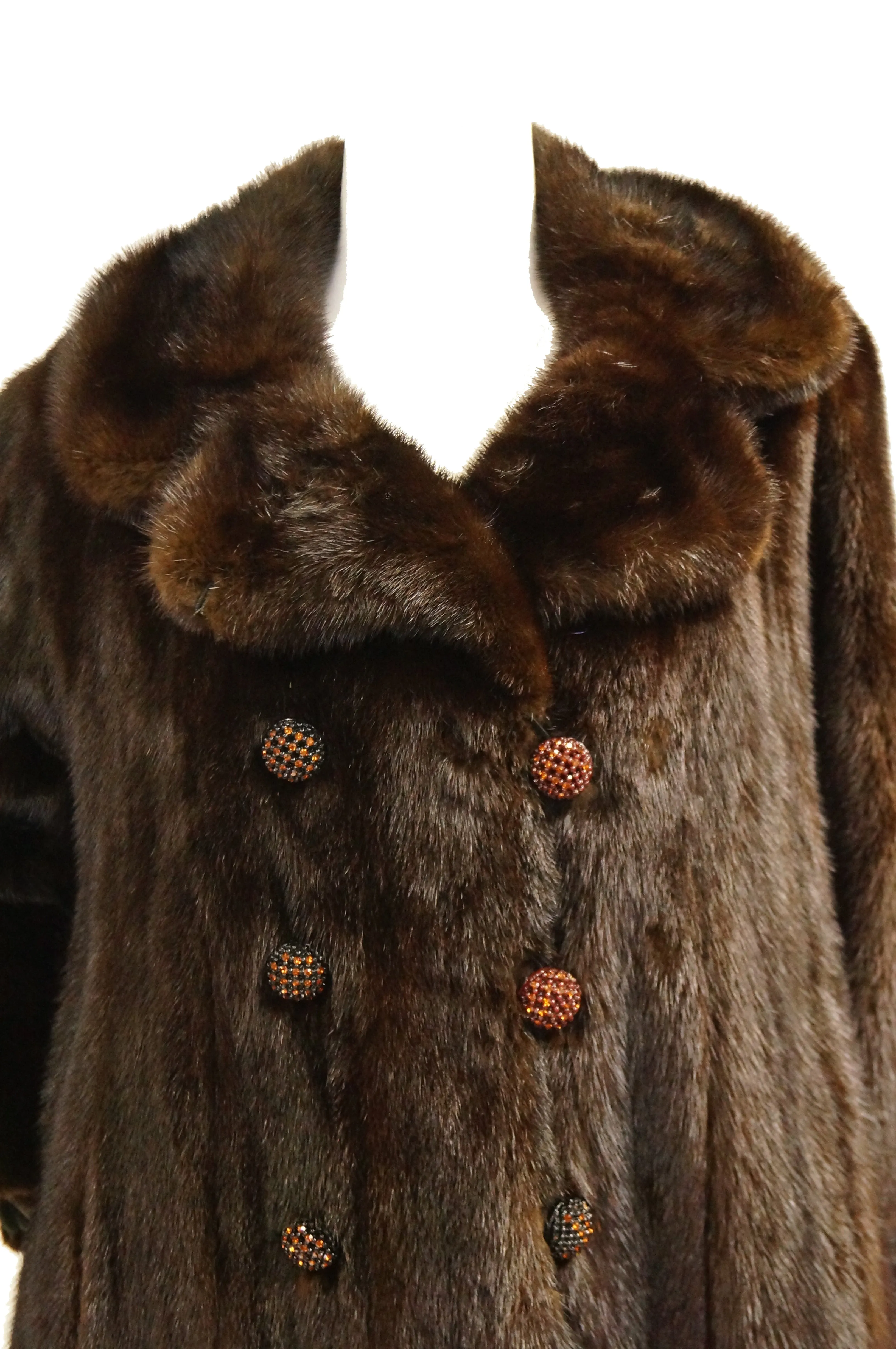 1960s Espresso Brown Mink Swing Coat with Rhinestone Detail Buttons