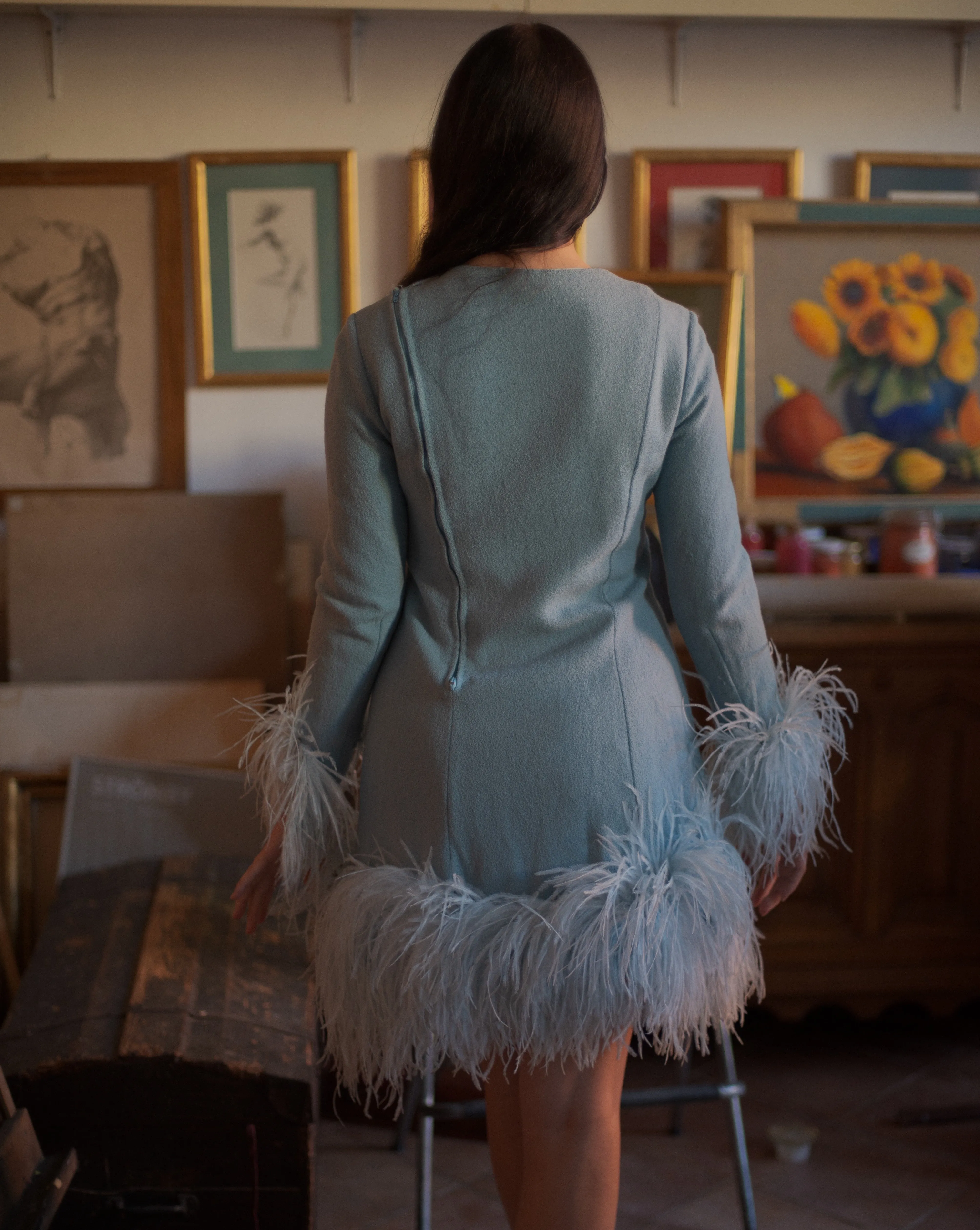1960s wool crepe ostrich feather trim
