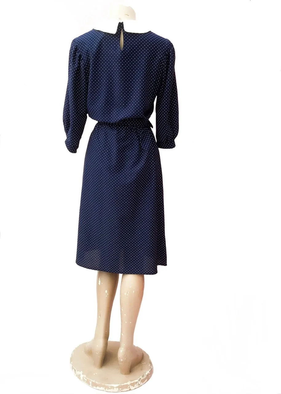 1970s Blue Swiss Dot Dress With Peter Pan Collar and Red Bow