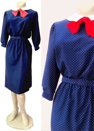 1970s Blue Swiss Dot Dress With Peter Pan Collar and Red Bow