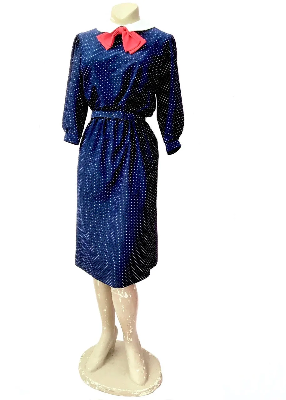 1970s Blue Swiss Dot Dress With Peter Pan Collar and Red Bow