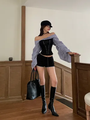【24s Oct.】Off-shoulder Stripes Hot Girl Shirt   Shorts