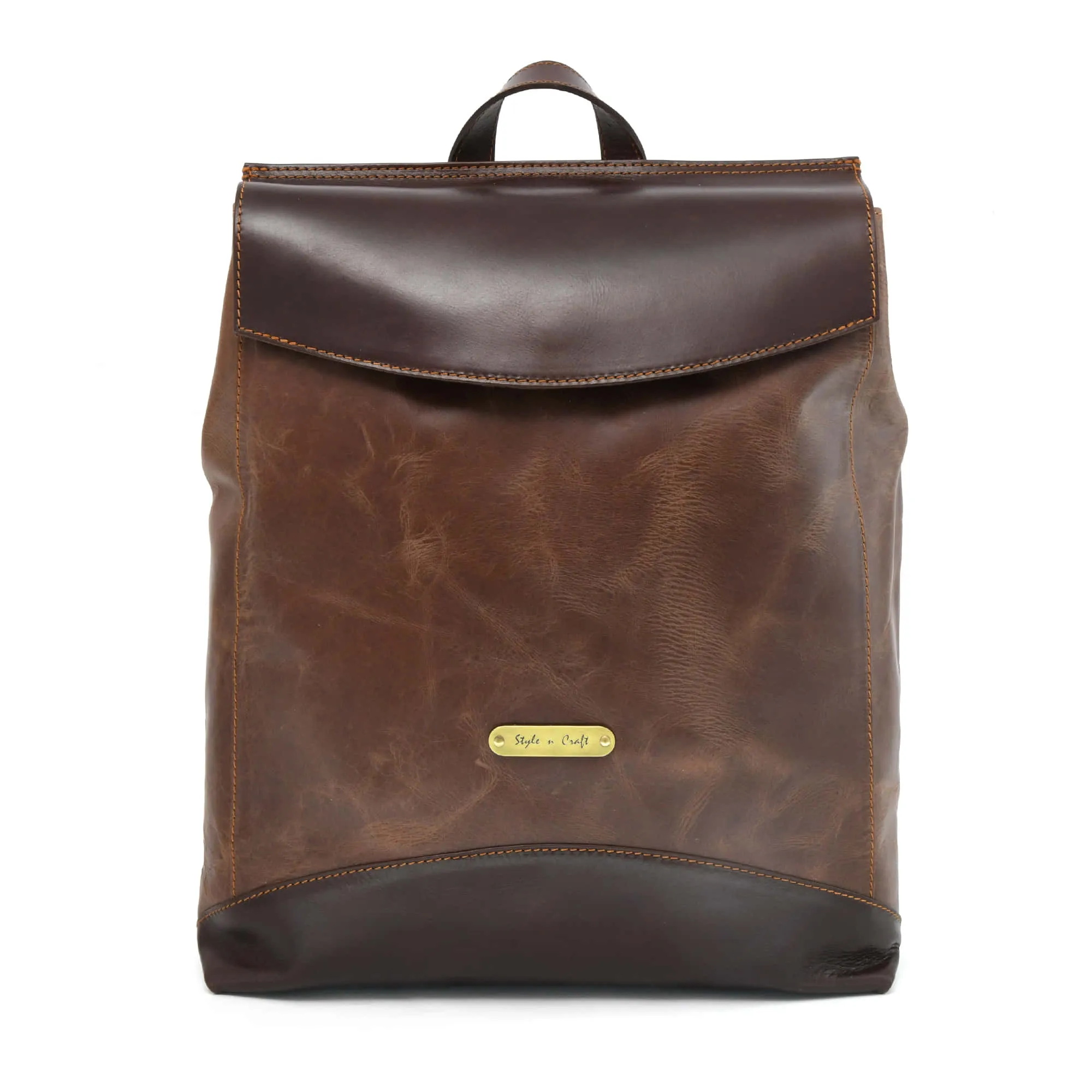 392153 Backpack in Full Grain Leather | Light & Dark Brown Combination | Style n Craft