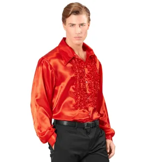 70's Disco Ruffle Satin Shirt Red