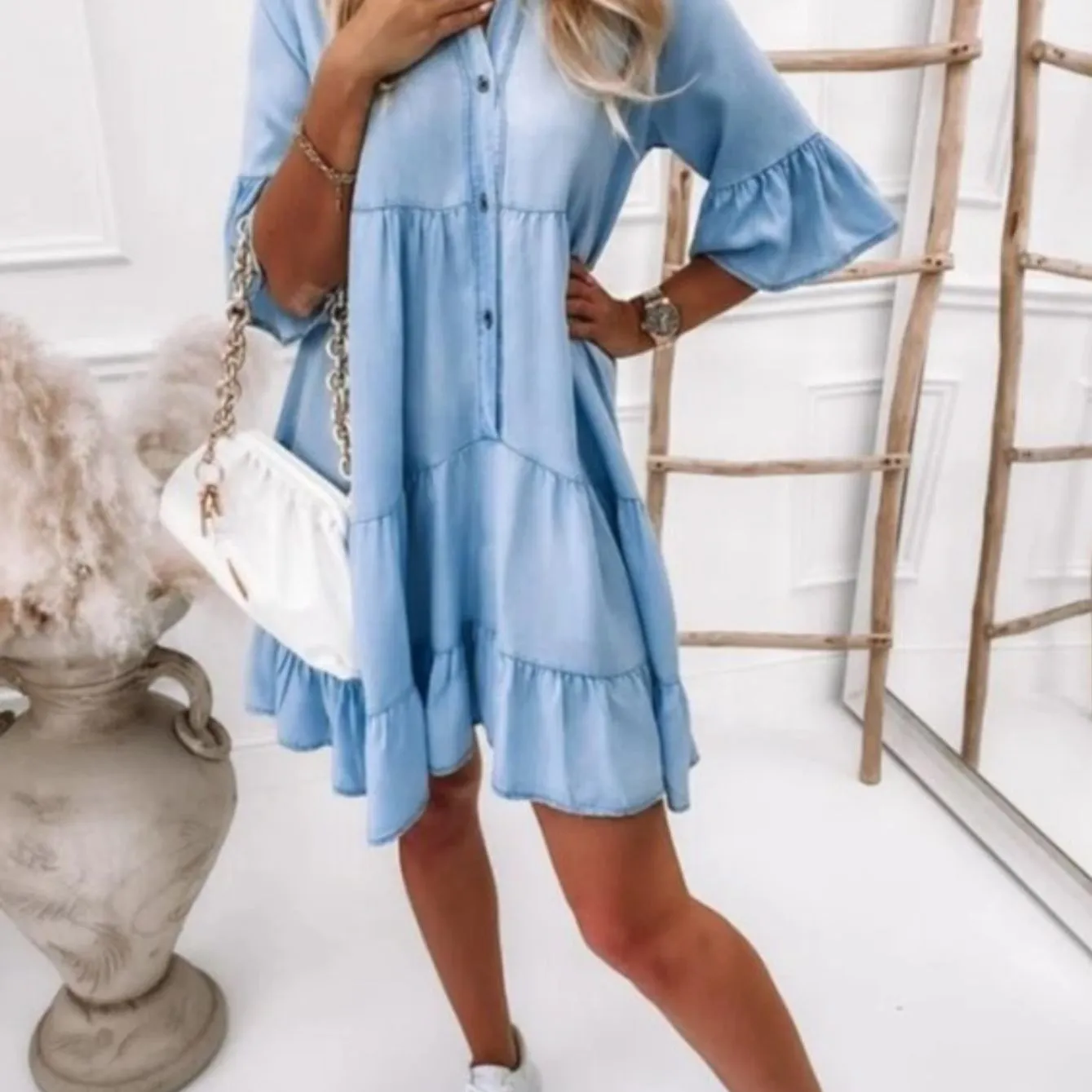 A-Line Midi Denim Dress Ruffled Hem Denim Skirt Casual Loose Dress