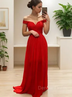 A-Line Off-the-Shoulder Sweep Train Chiffon Prom Dresses