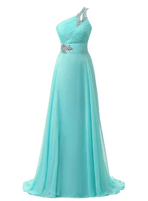 A-Line One Shoulder Chiffon Pleats Crystal Bridesmaid Dress