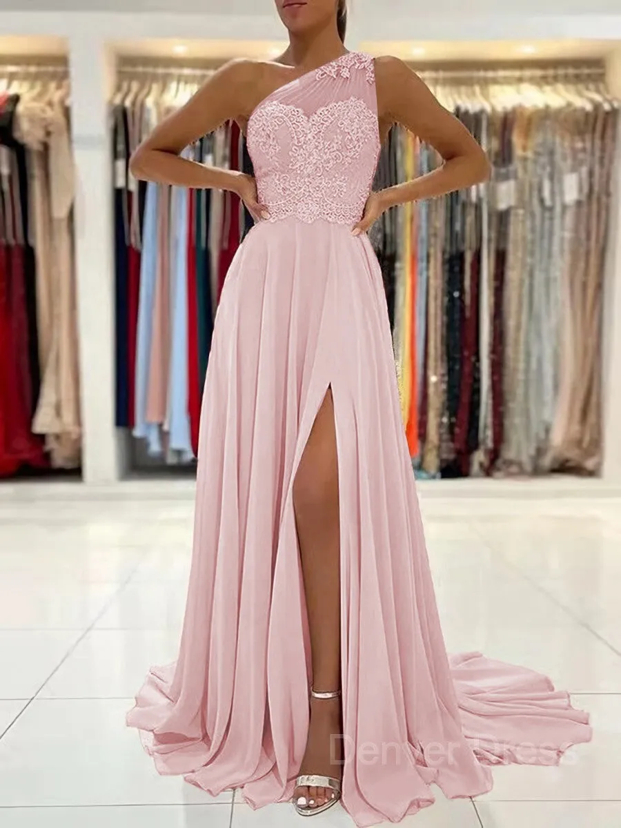 A-Line One-Shoulder Sweep Train Chiffon Prom Dresses With Leg Slit