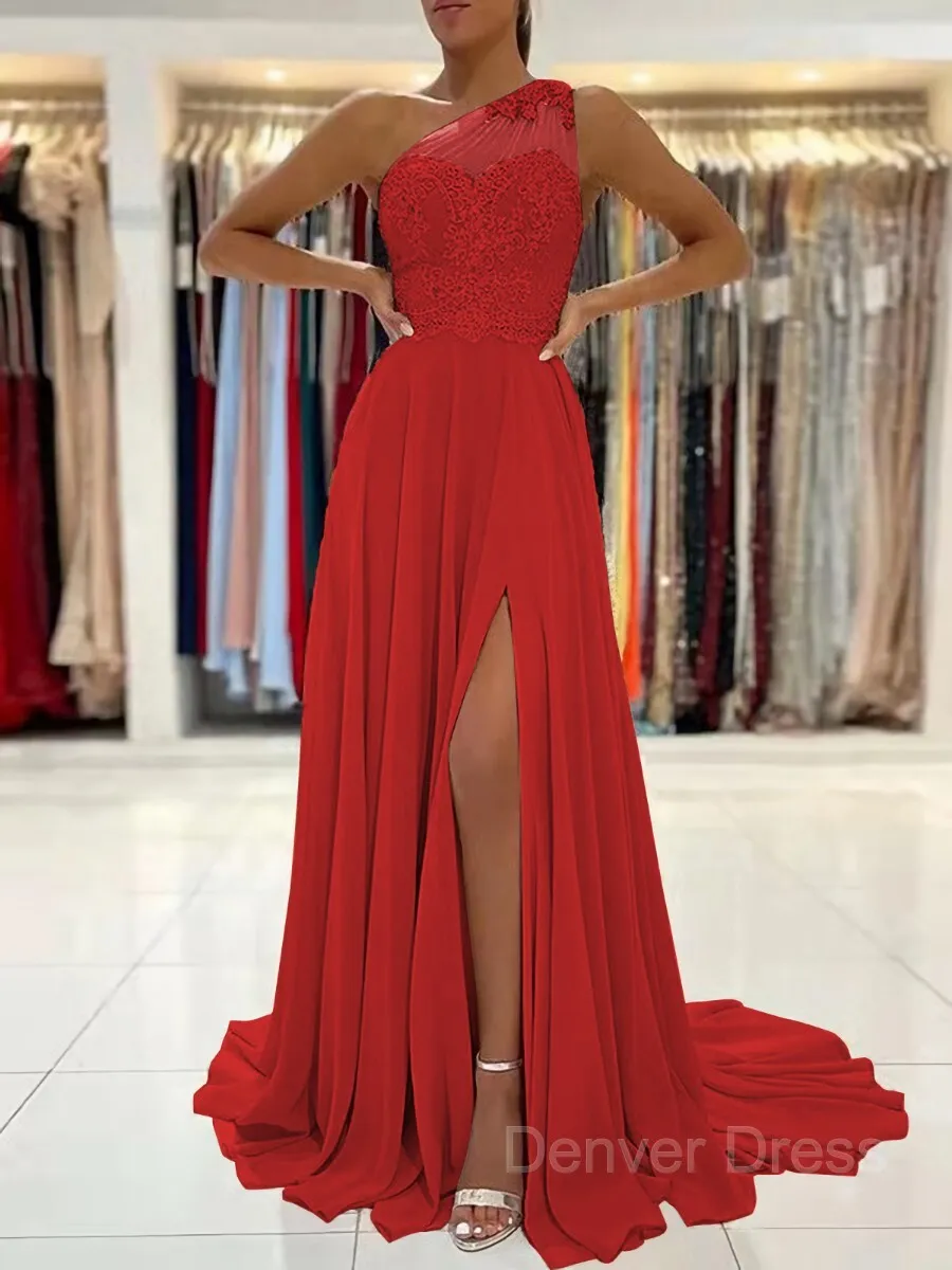 A-Line One-Shoulder Sweep Train Chiffon Prom Dresses With Leg Slit