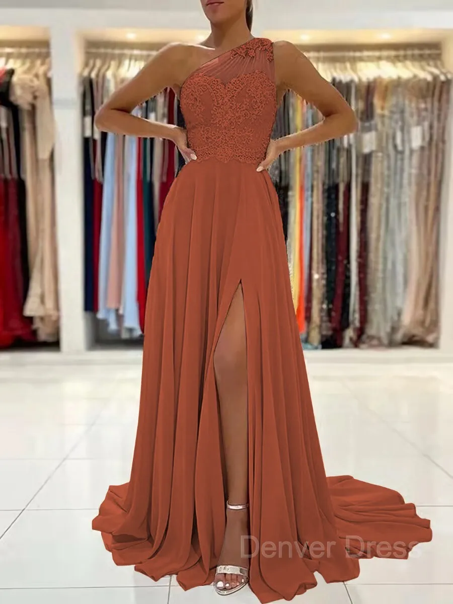 A-Line One-Shoulder Sweep Train Chiffon Prom Dresses With Leg Slit