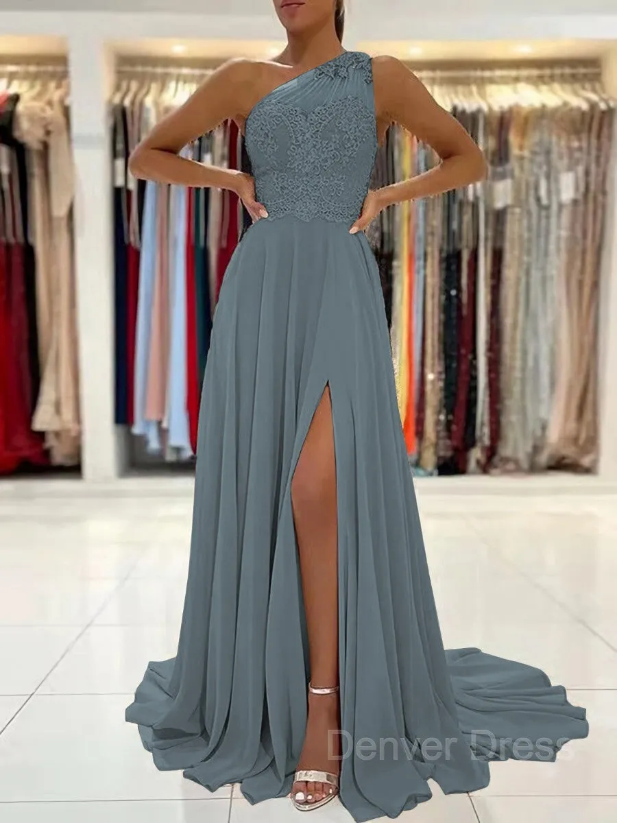 A-Line One-Shoulder Sweep Train Chiffon Prom Dresses With Leg Slit