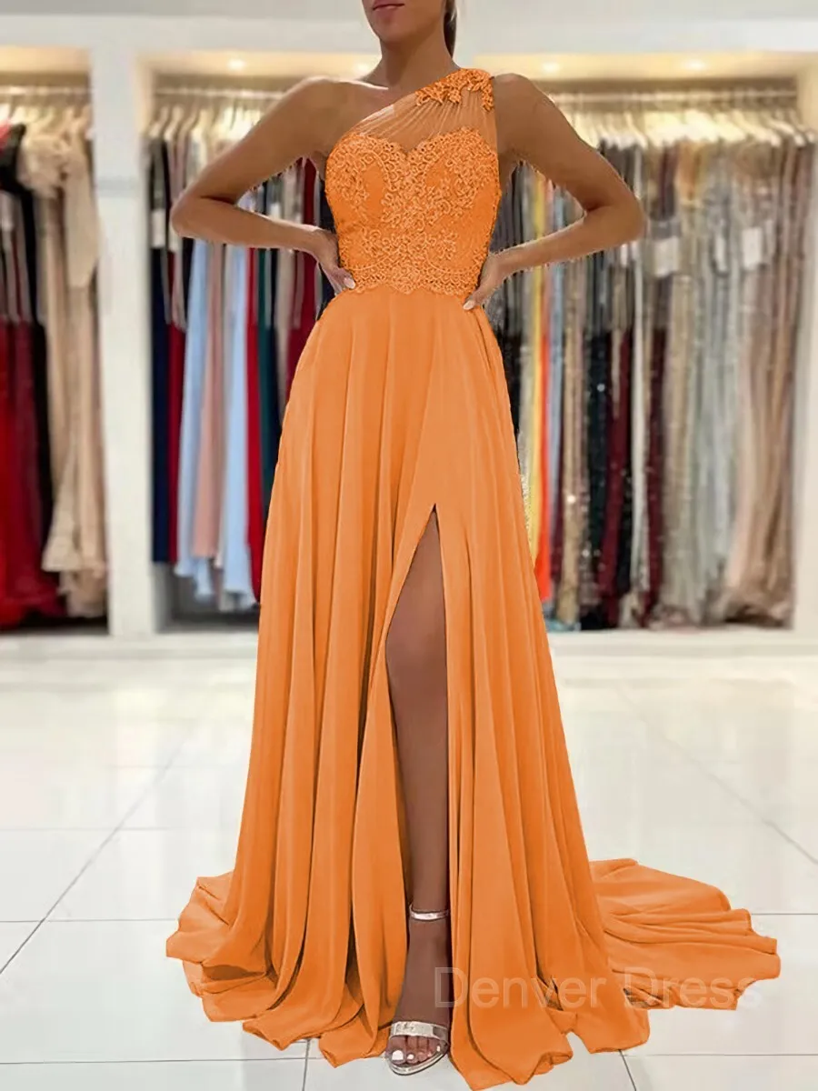 A-Line One-Shoulder Sweep Train Chiffon Prom Dresses With Leg Slit