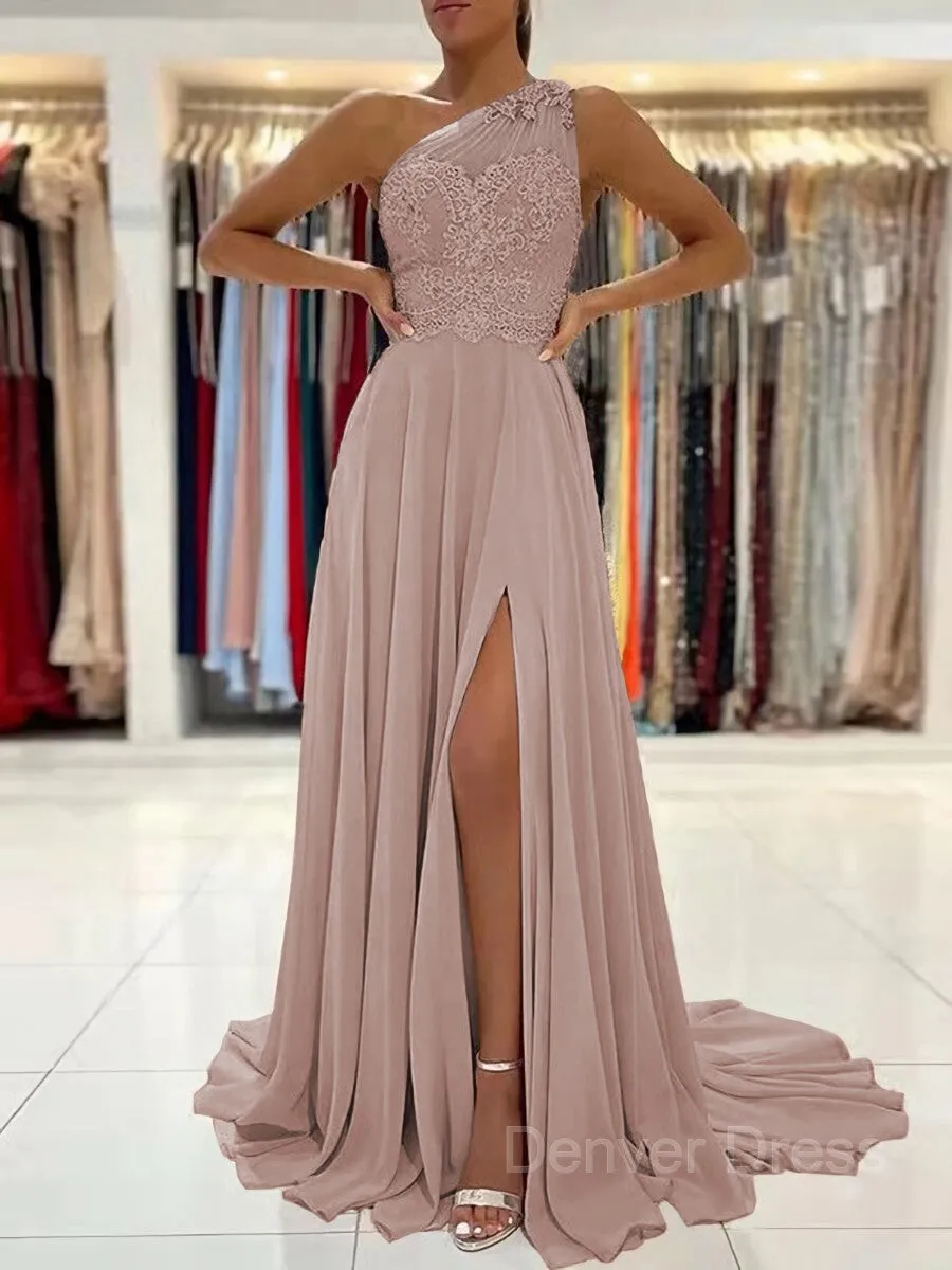 A-Line One-Shoulder Sweep Train Chiffon Prom Dresses With Leg Slit
