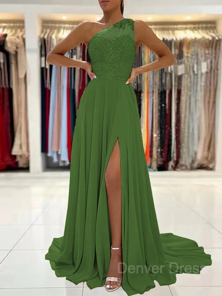 A-Line One-Shoulder Sweep Train Chiffon Prom Dresses With Leg Slit