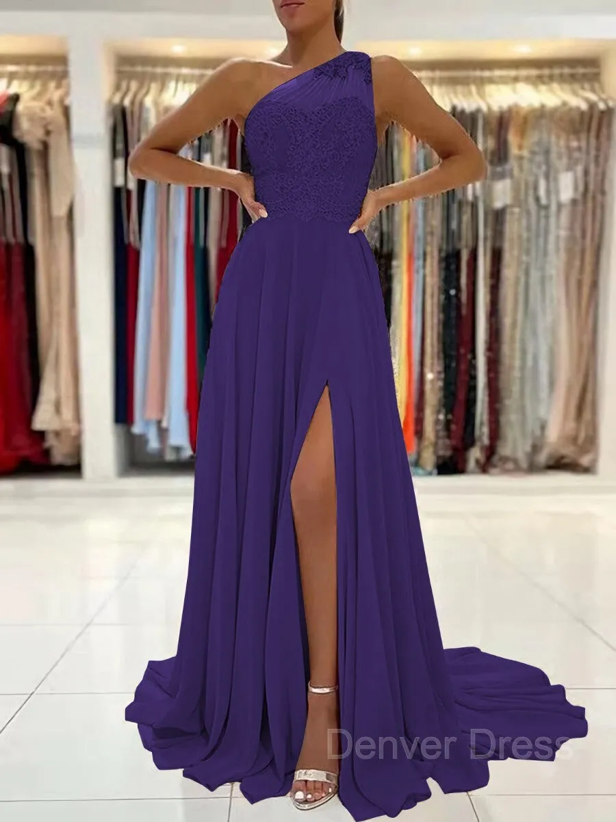 A-Line One-Shoulder Sweep Train Chiffon Prom Dresses With Leg Slit