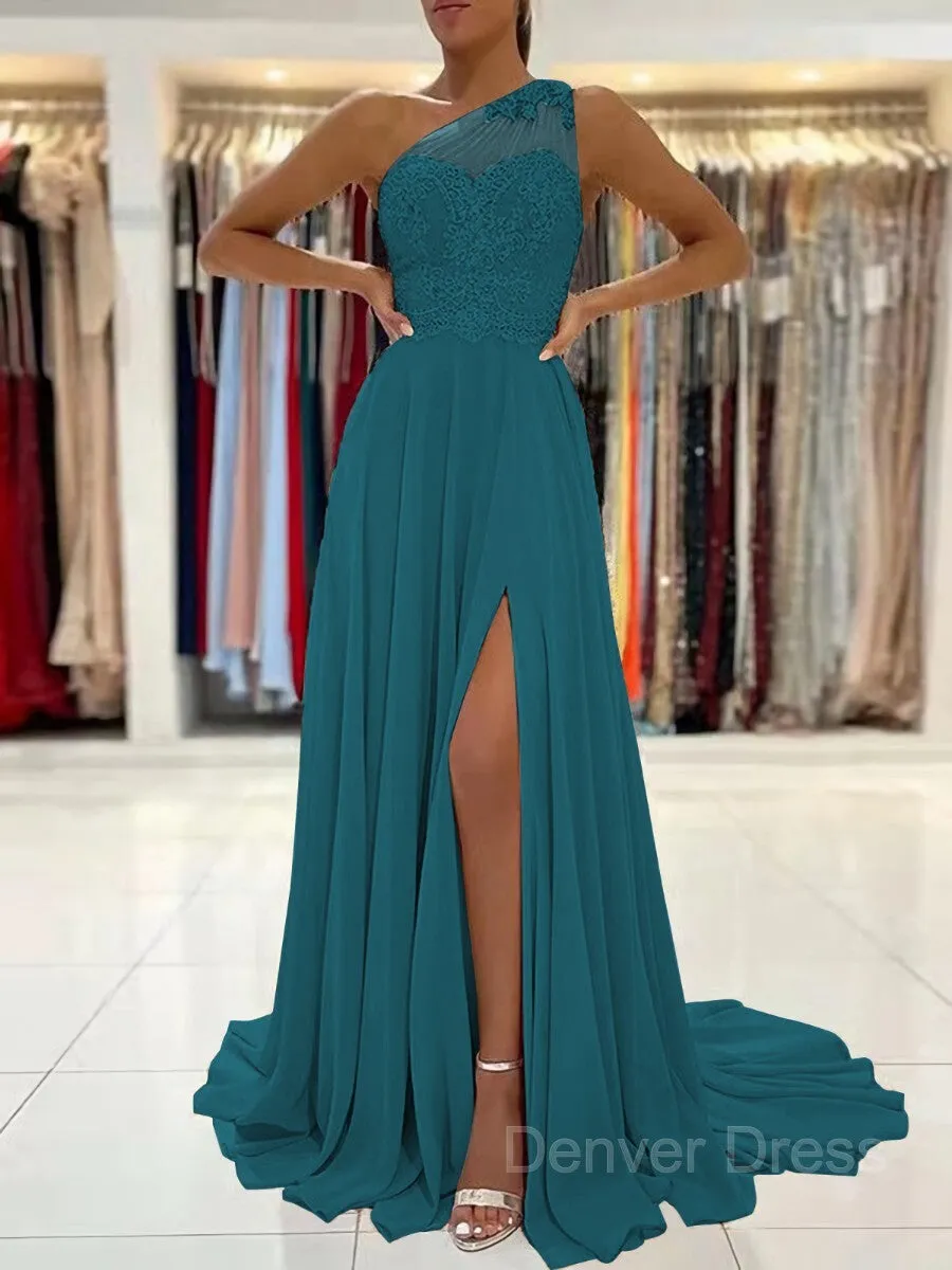 A-Line One-Shoulder Sweep Train Chiffon Prom Dresses With Leg Slit