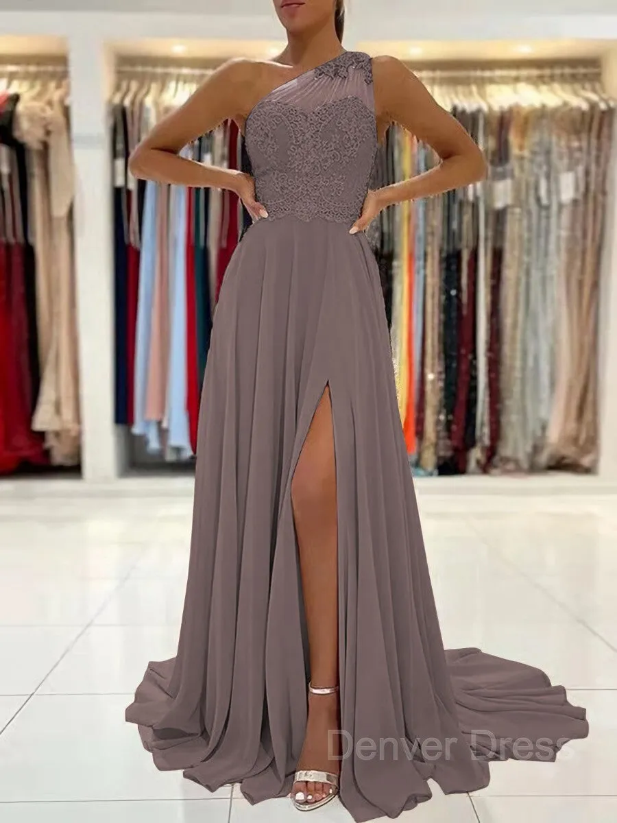 A-Line One-Shoulder Sweep Train Chiffon Prom Dresses With Leg Slit