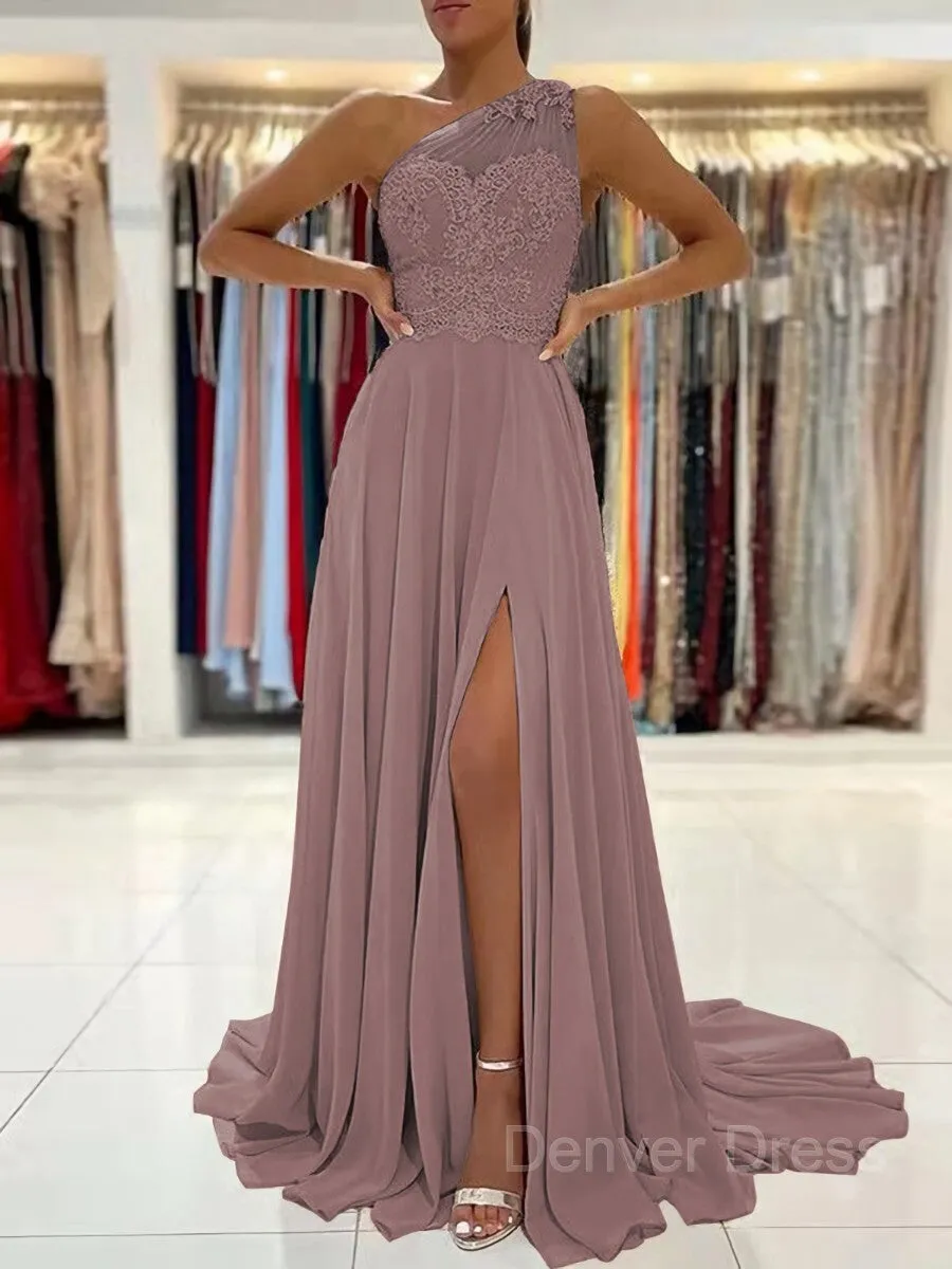 A-Line One-Shoulder Sweep Train Chiffon Prom Dresses With Leg Slit