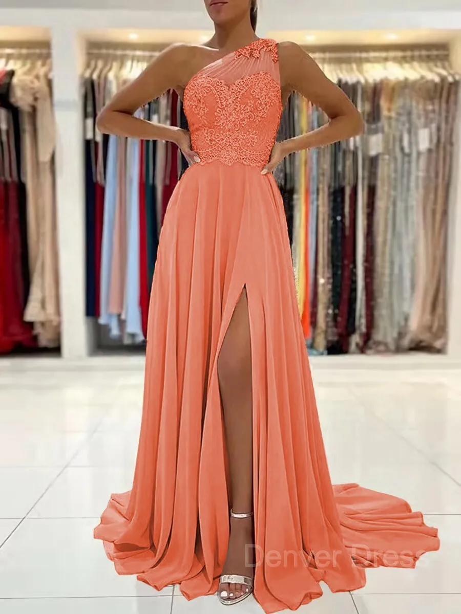 A-Line One-Shoulder Sweep Train Chiffon Prom Dresses With Leg Slit