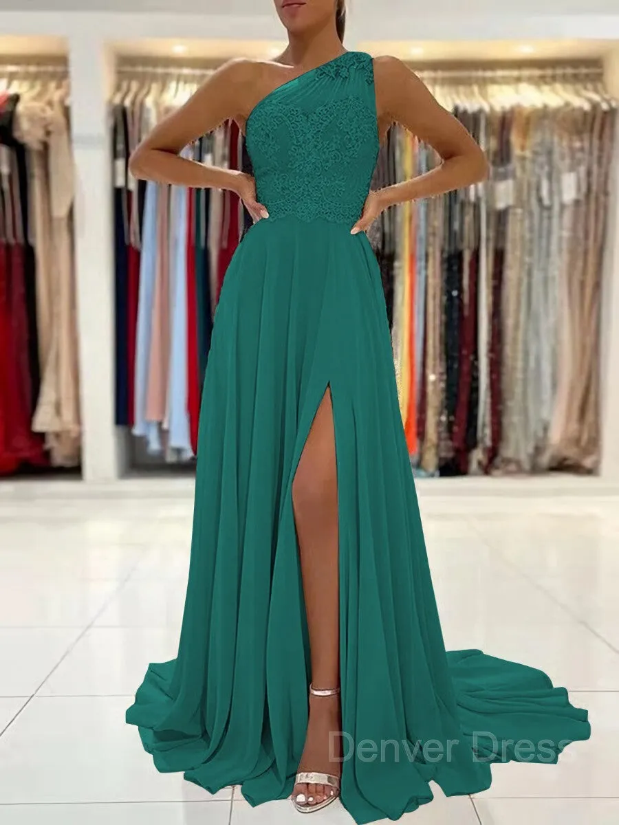 A-Line One-Shoulder Sweep Train Chiffon Prom Dresses With Leg Slit