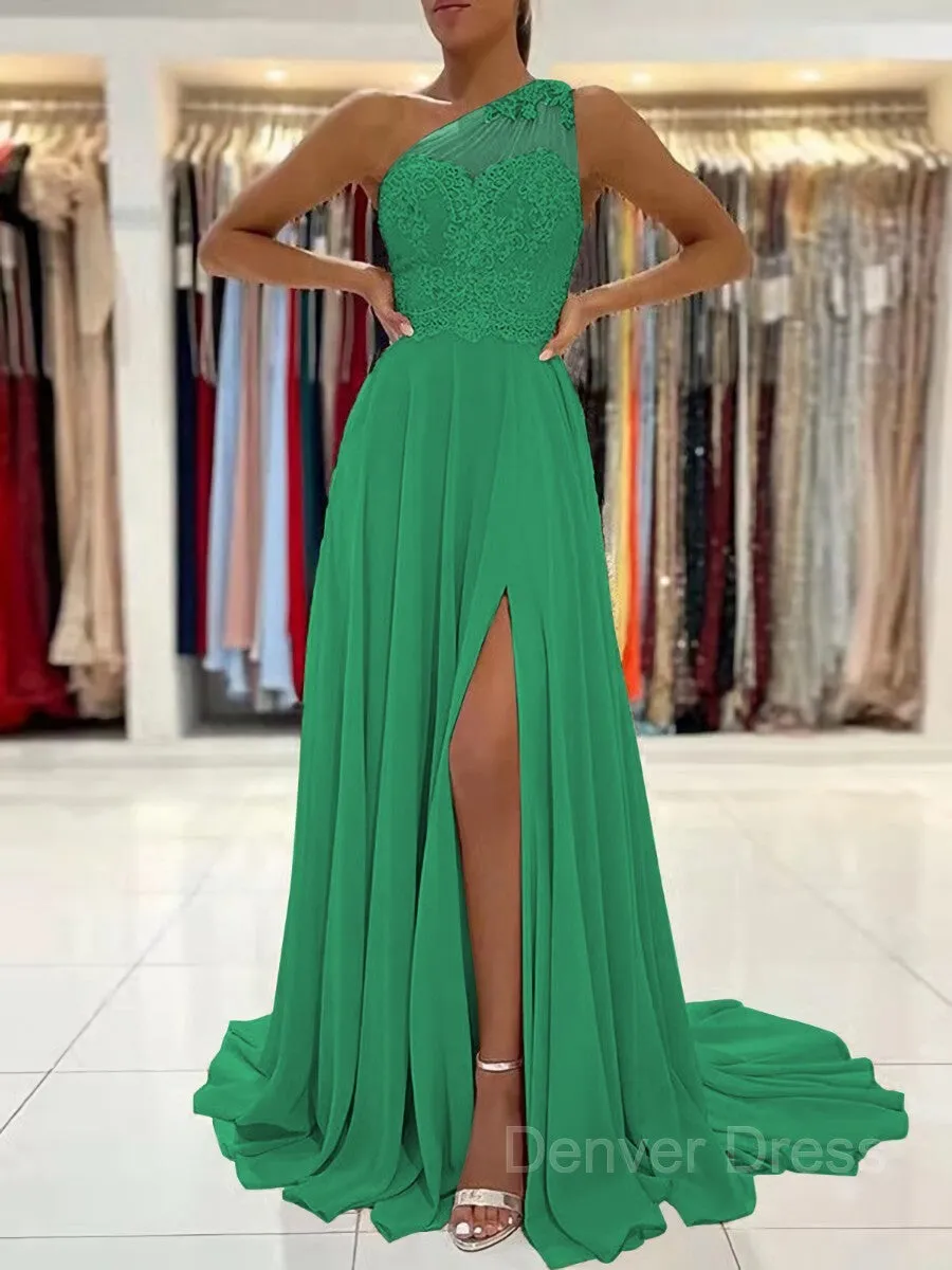 A-Line One-Shoulder Sweep Train Chiffon Prom Dresses With Leg Slit