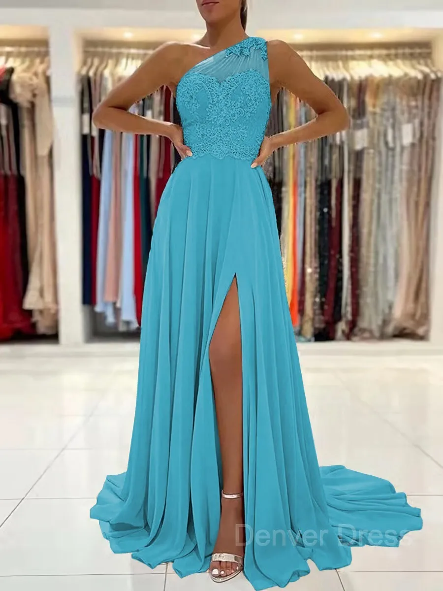A-Line One-Shoulder Sweep Train Chiffon Prom Dresses With Leg Slit