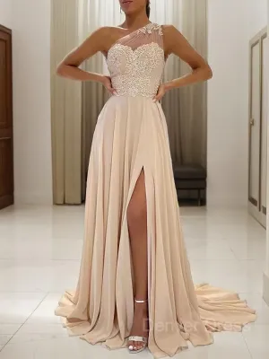A-Line One-Shoulder Sweep Train Chiffon Prom Dresses With Leg Slit