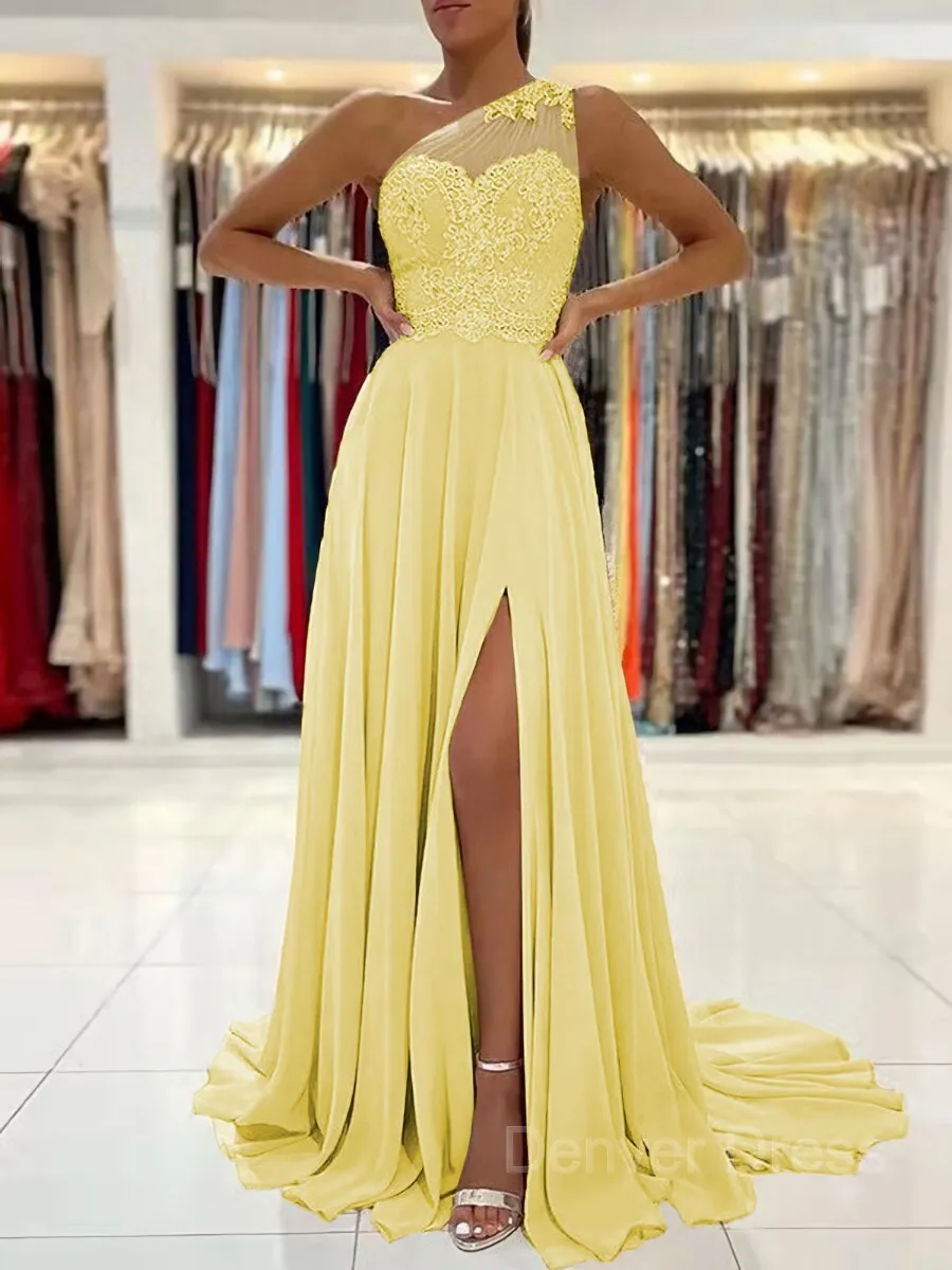 A-Line One-Shoulder Sweep Train Chiffon Prom Dresses With Leg Slit