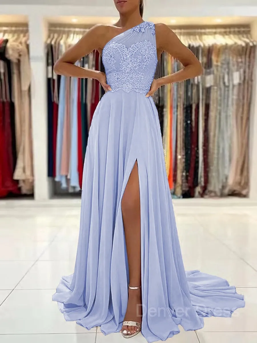 A-Line One-Shoulder Sweep Train Chiffon Prom Dresses With Leg Slit