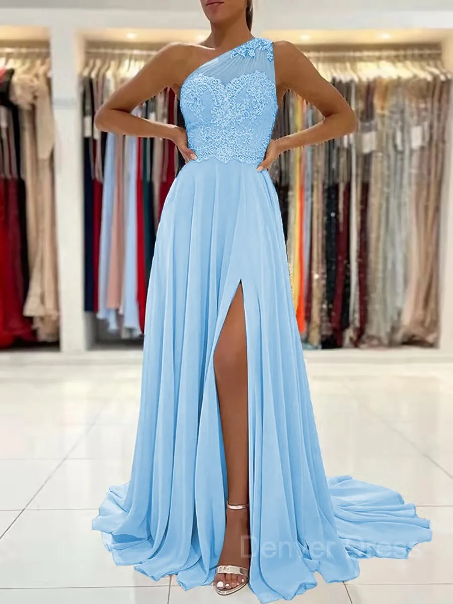 A-Line One-Shoulder Sweep Train Chiffon Prom Dresses With Leg Slit