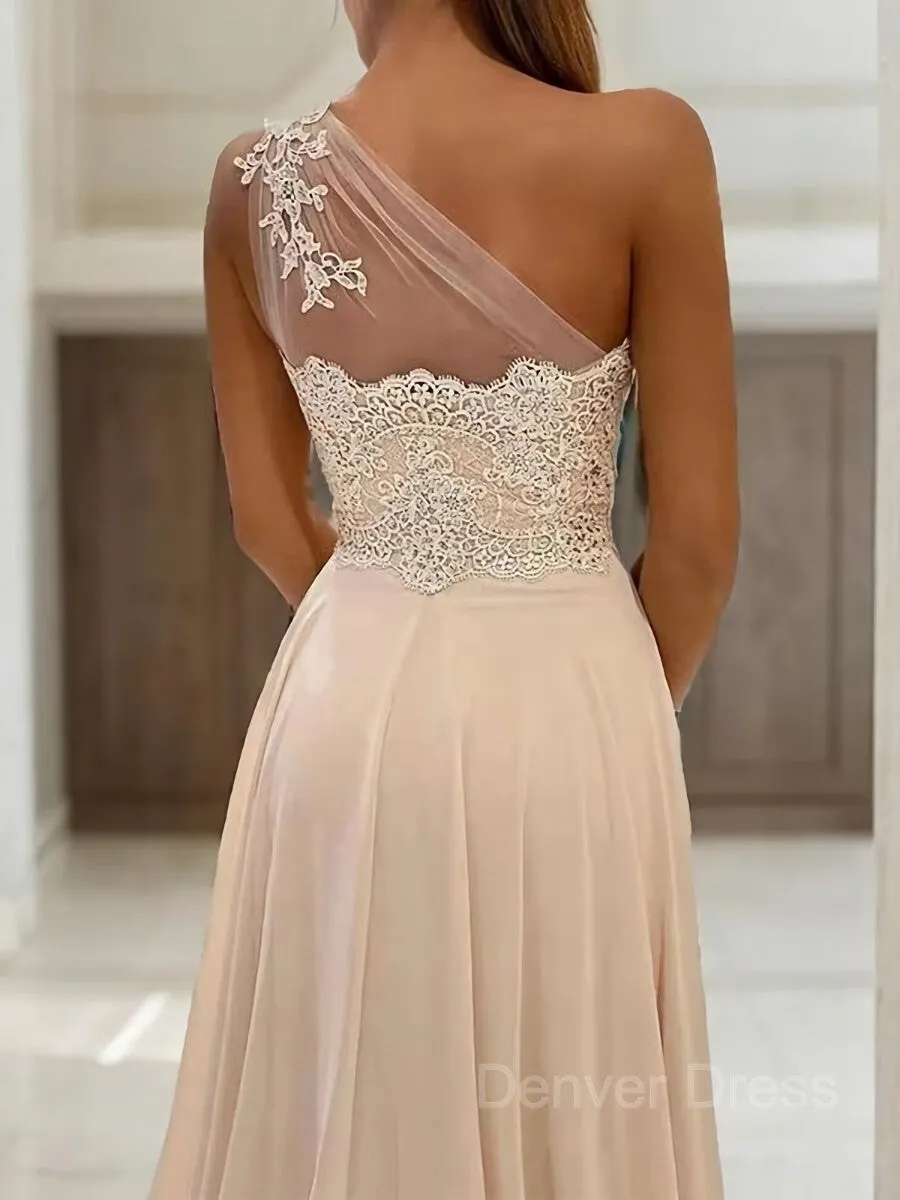 A-Line One-Shoulder Sweep Train Chiffon Prom Dresses With Leg Slit