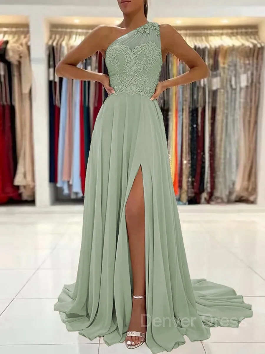 A-Line One-Shoulder Sweep Train Chiffon Prom Dresses With Leg Slit