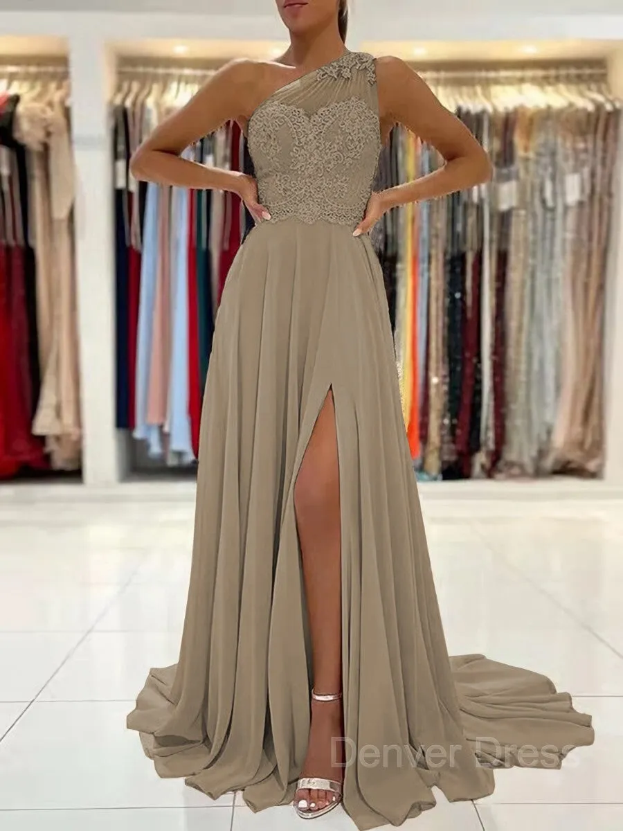 A-Line One-Shoulder Sweep Train Chiffon Prom Dresses With Leg Slit