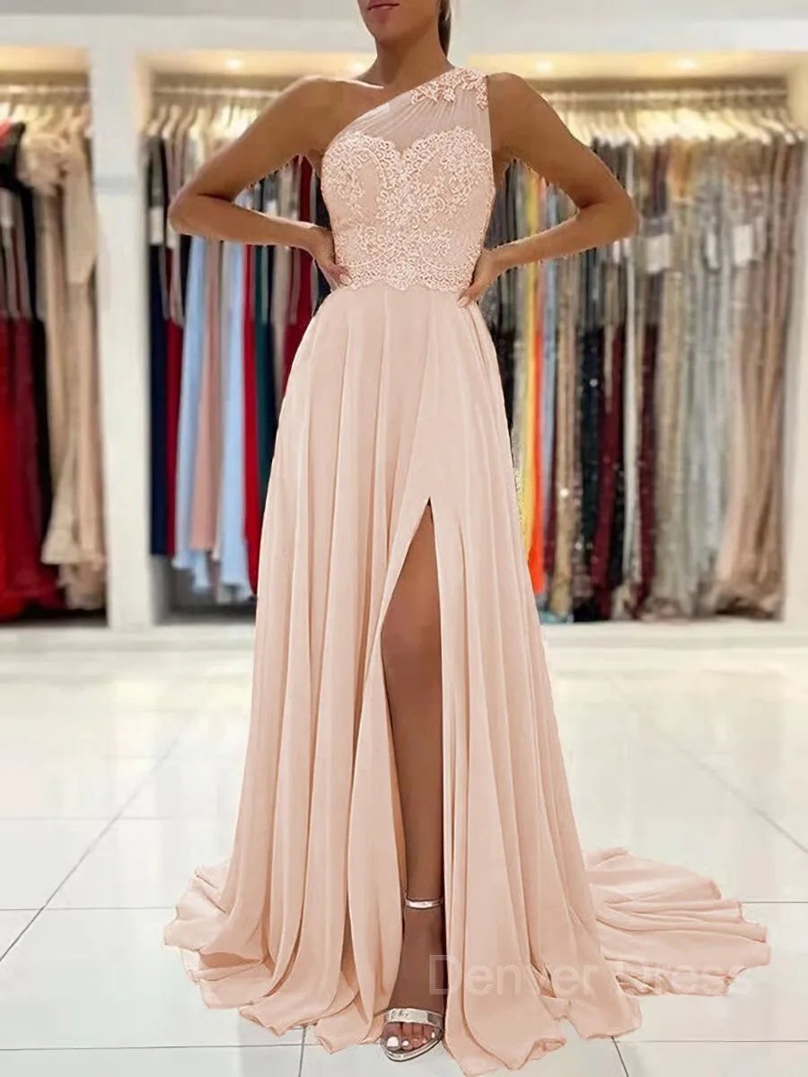 A-Line One-Shoulder Sweep Train Chiffon Prom Dresses With Leg Slit