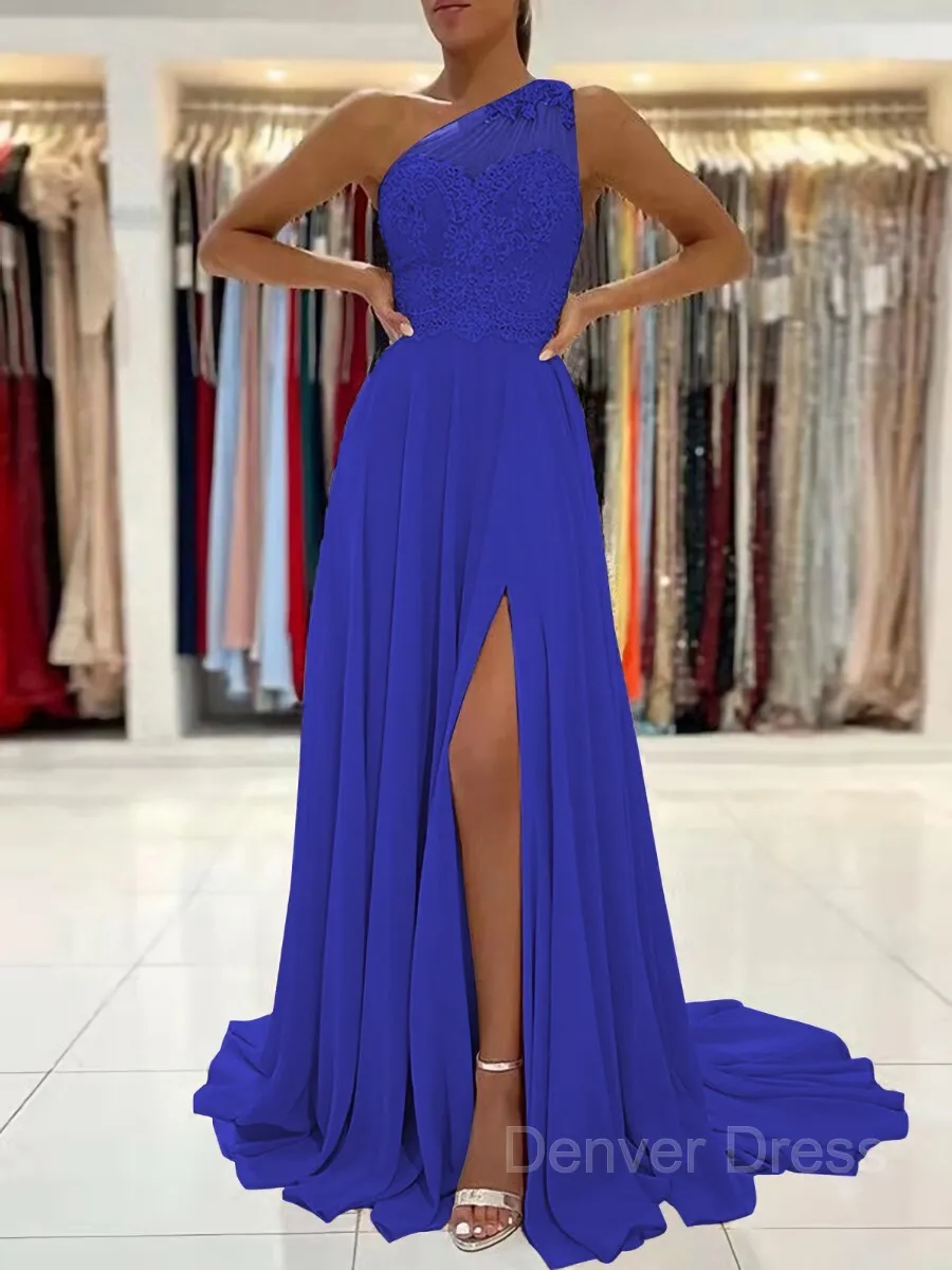 A-Line One-Shoulder Sweep Train Chiffon Prom Dresses With Leg Slit