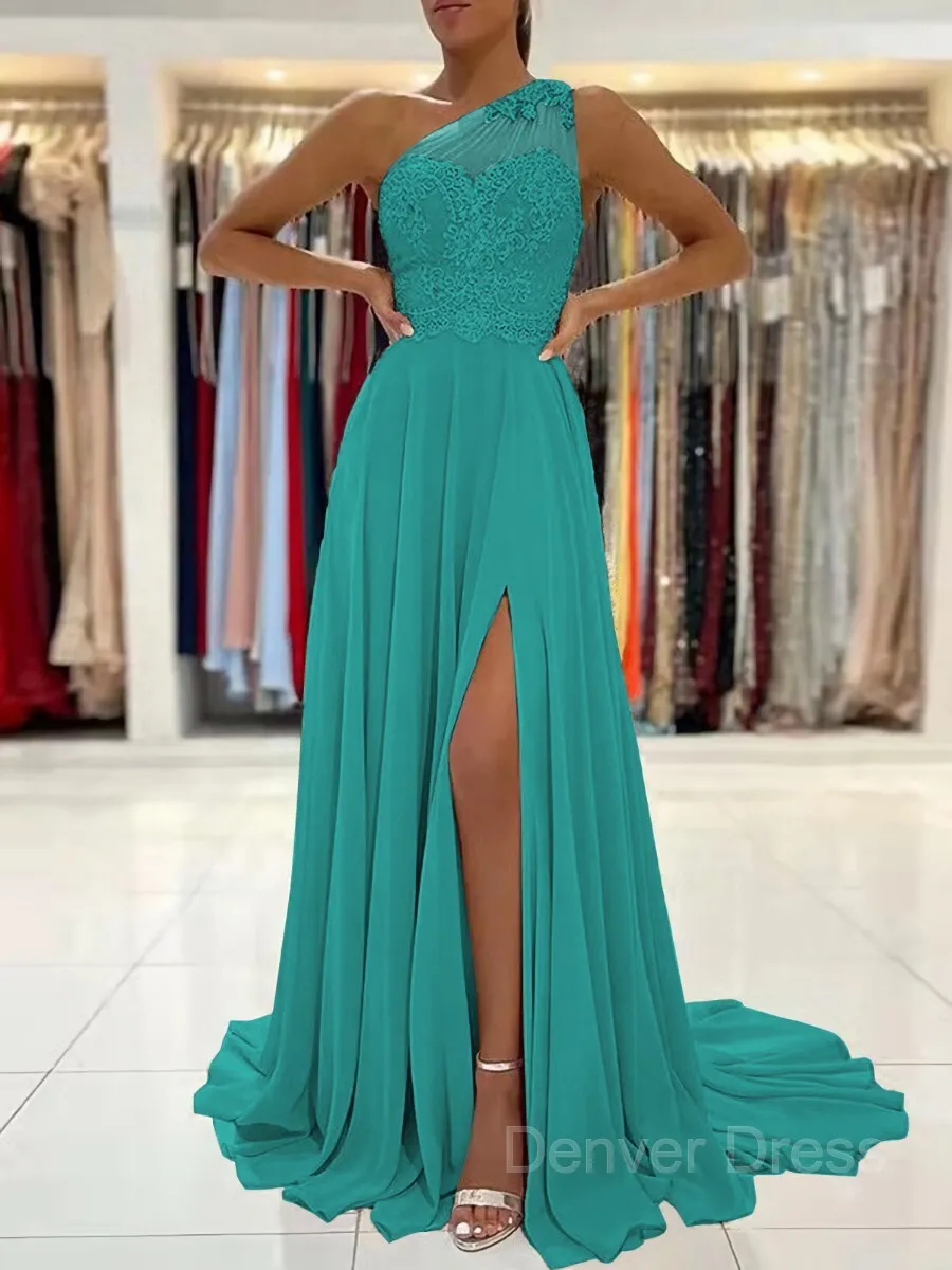 A-Line One-Shoulder Sweep Train Chiffon Prom Dresses With Leg Slit
