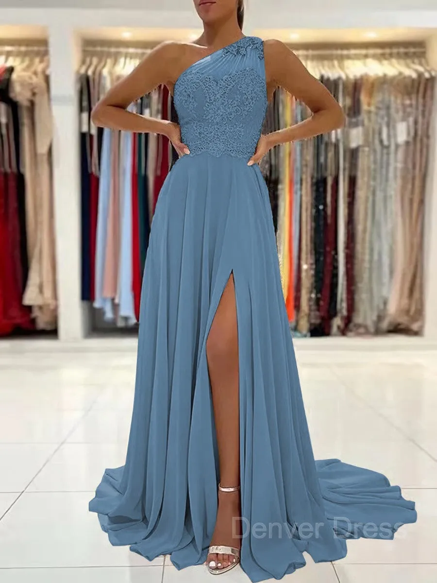 A-Line One-Shoulder Sweep Train Chiffon Prom Dresses With Leg Slit