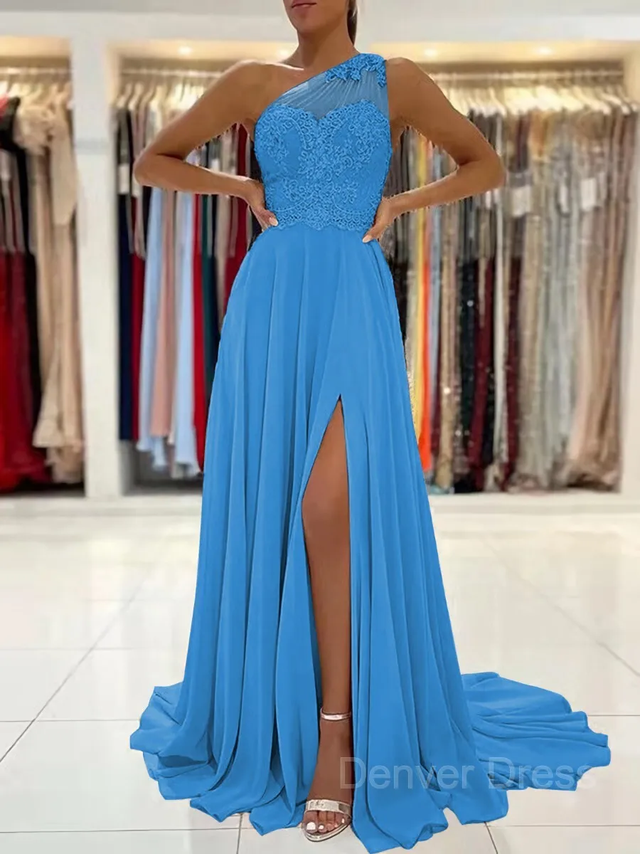 A-Line One-Shoulder Sweep Train Chiffon Prom Dresses With Leg Slit