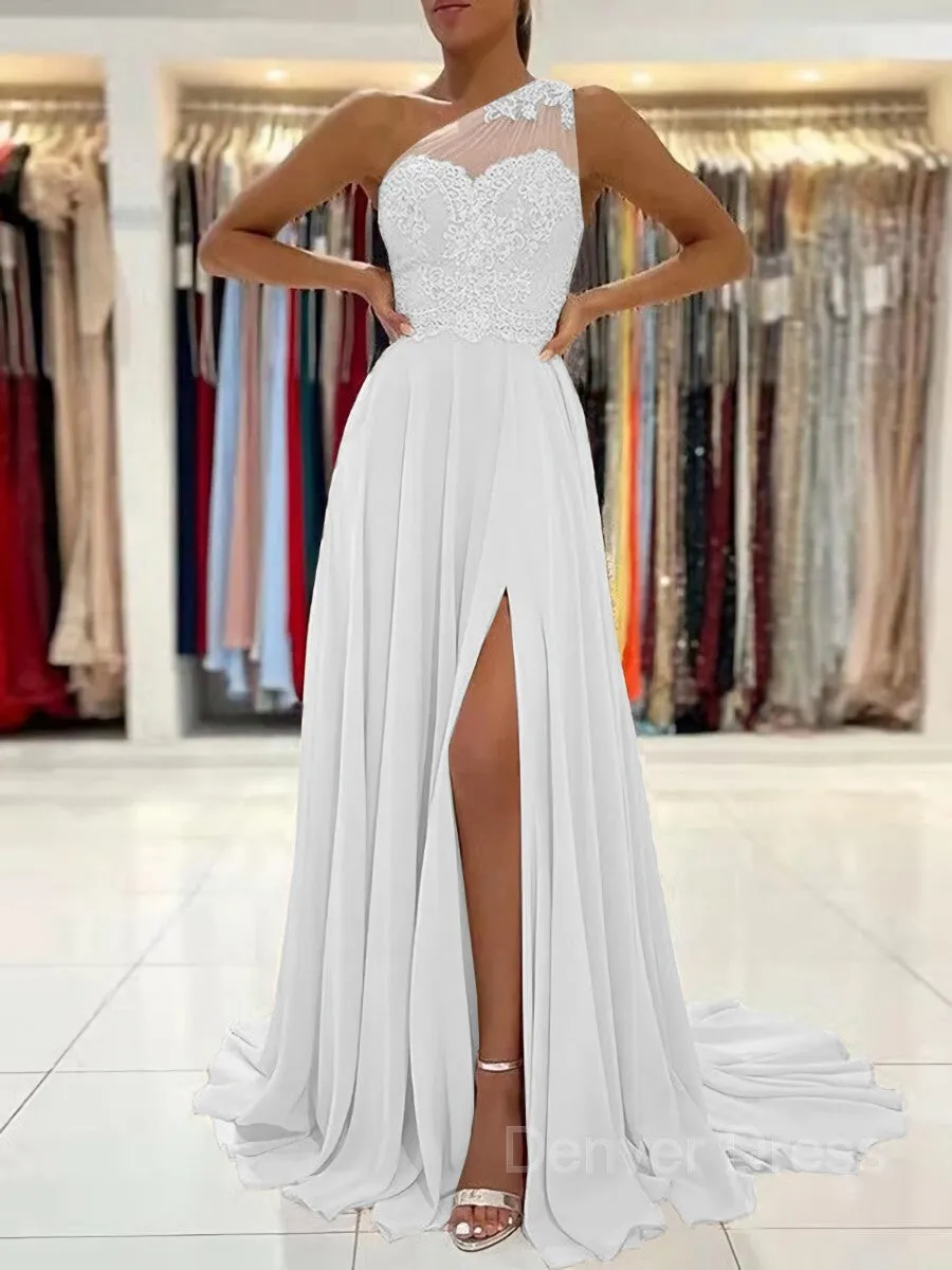A-Line One-Shoulder Sweep Train Chiffon Prom Dresses With Leg Slit