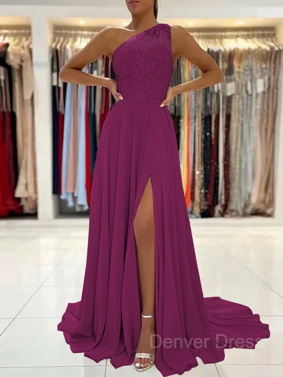 A-Line One-Shoulder Sweep Train Chiffon Prom Dresses With Leg Slit