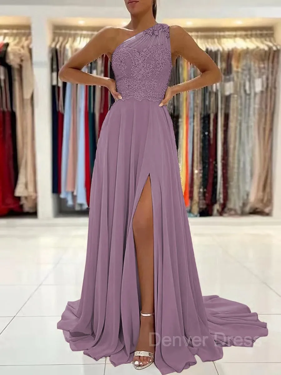 A-Line One-Shoulder Sweep Train Chiffon Prom Dresses With Leg Slit