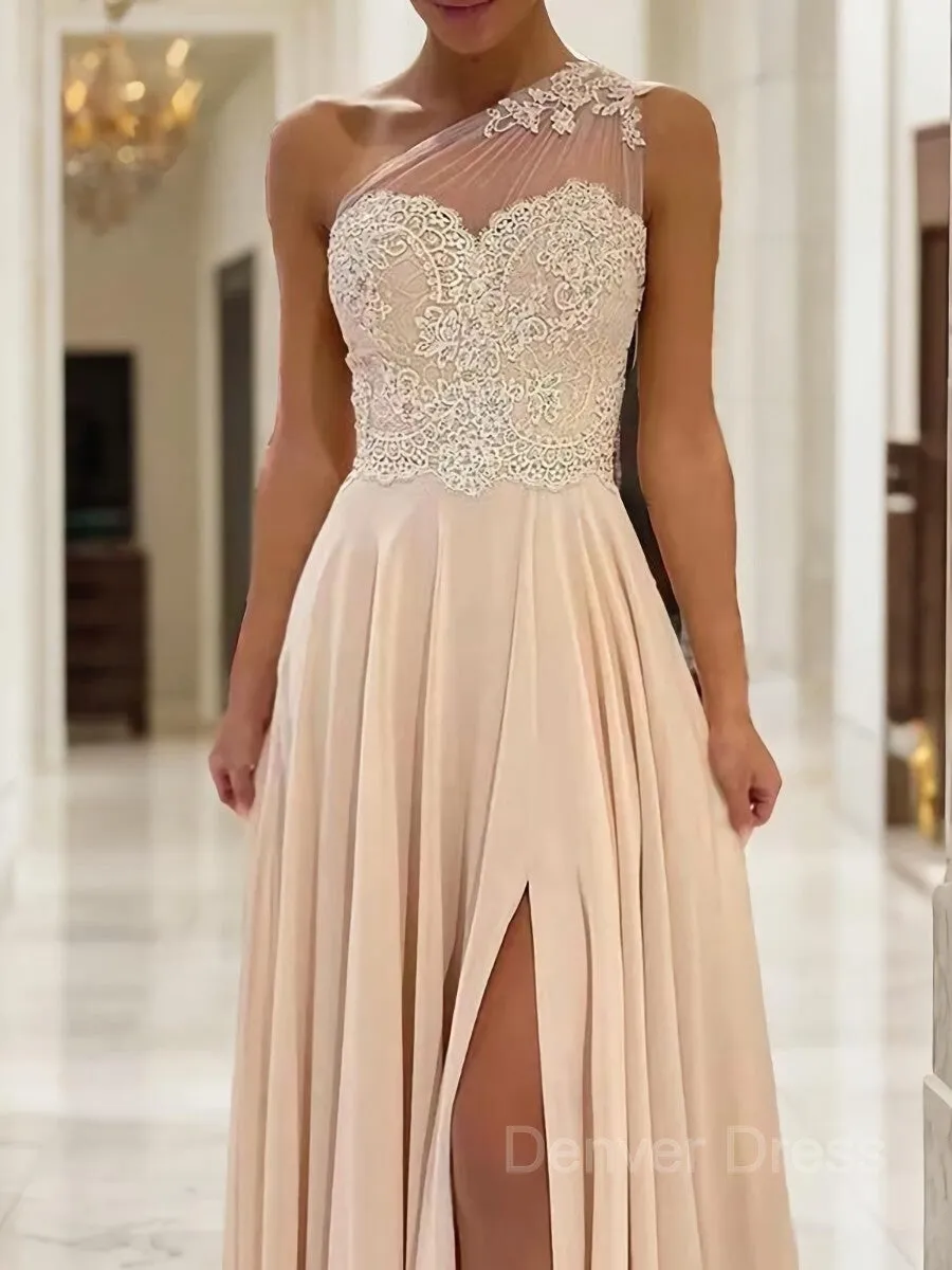 A-Line One-Shoulder Sweep Train Chiffon Prom Dresses With Leg Slit