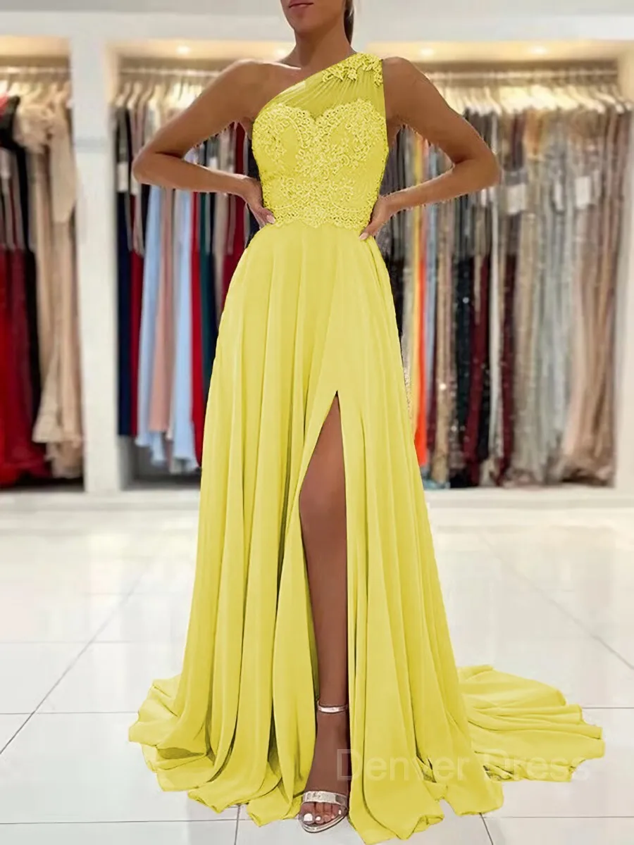 A-Line One-Shoulder Sweep Train Chiffon Prom Dresses With Leg Slit