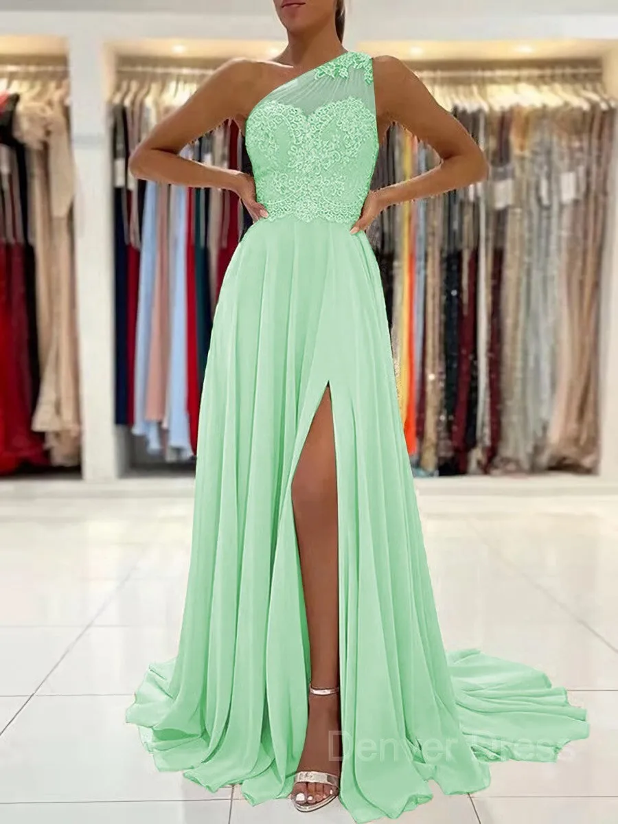 A-Line One-Shoulder Sweep Train Chiffon Prom Dresses With Leg Slit