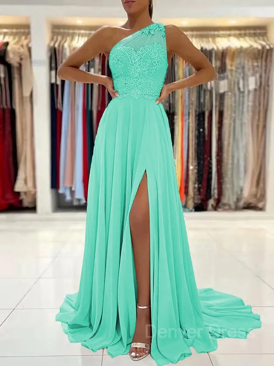A-Line One-Shoulder Sweep Train Chiffon Prom Dresses With Leg Slit